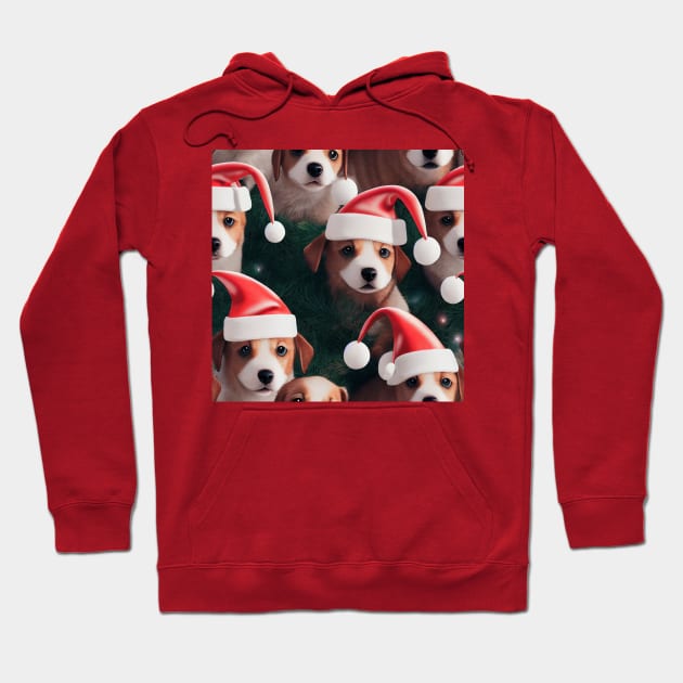 Puppy Christmas Pattern with Santa Hats and Christmas Trees Hoodie by VintageFlorals